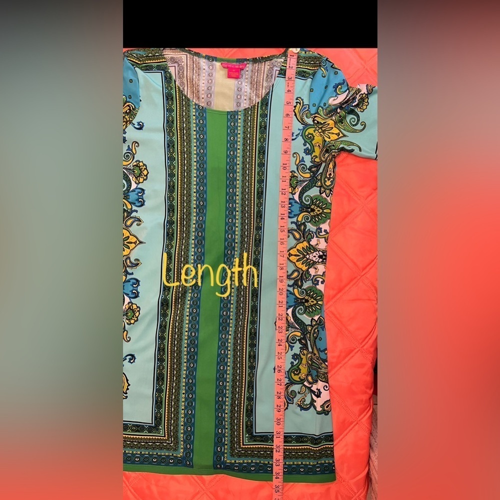 Sunny Leigh Green Turquoise Blue Floral Henna Striped Sheath Dress Medium - Picture 5 of 7